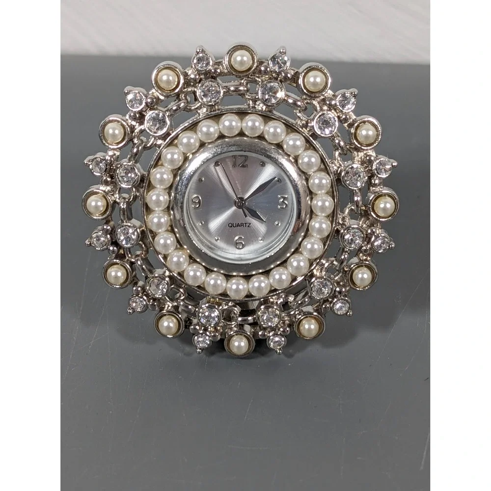 Silver Tone Faux Pearl Rhinestone Desk Clock Vanity Decor Working New Battery